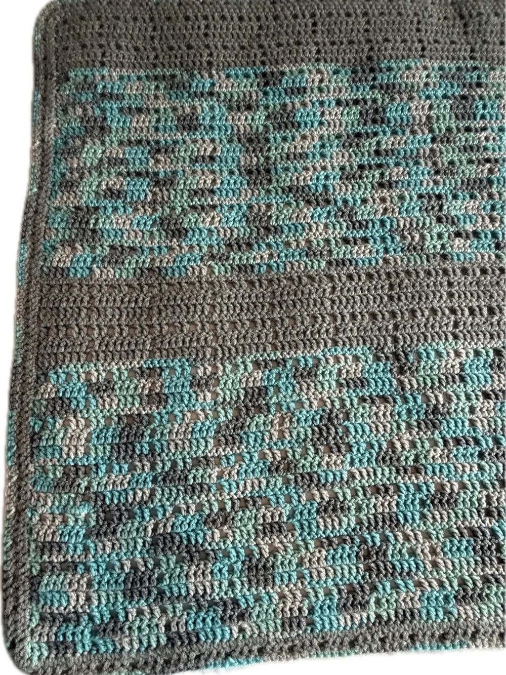 Crochet  lap/baby blanket handmade, variegated teal and grey. Cozy Home Accent